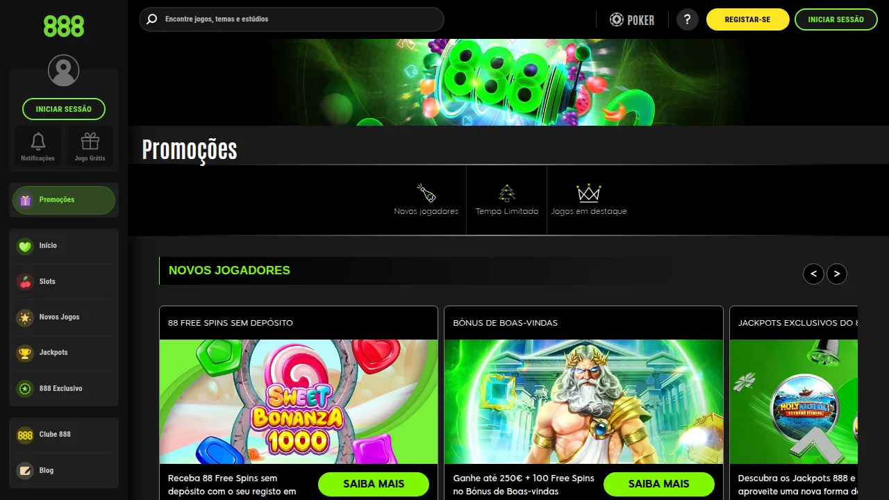 Página de promoções e bónus de um casino online licenciado pelo SRIJ