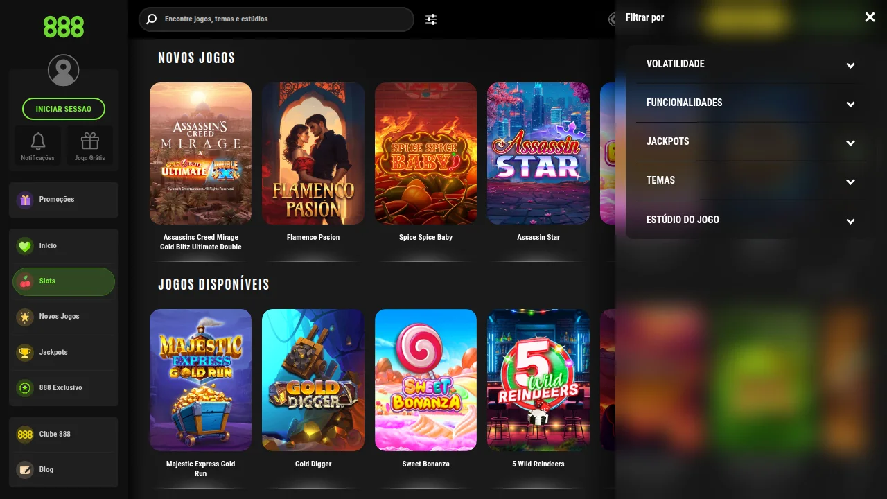 Pesquisa e filtros de jogos no casino 888 — licenciado pelo SRIJ