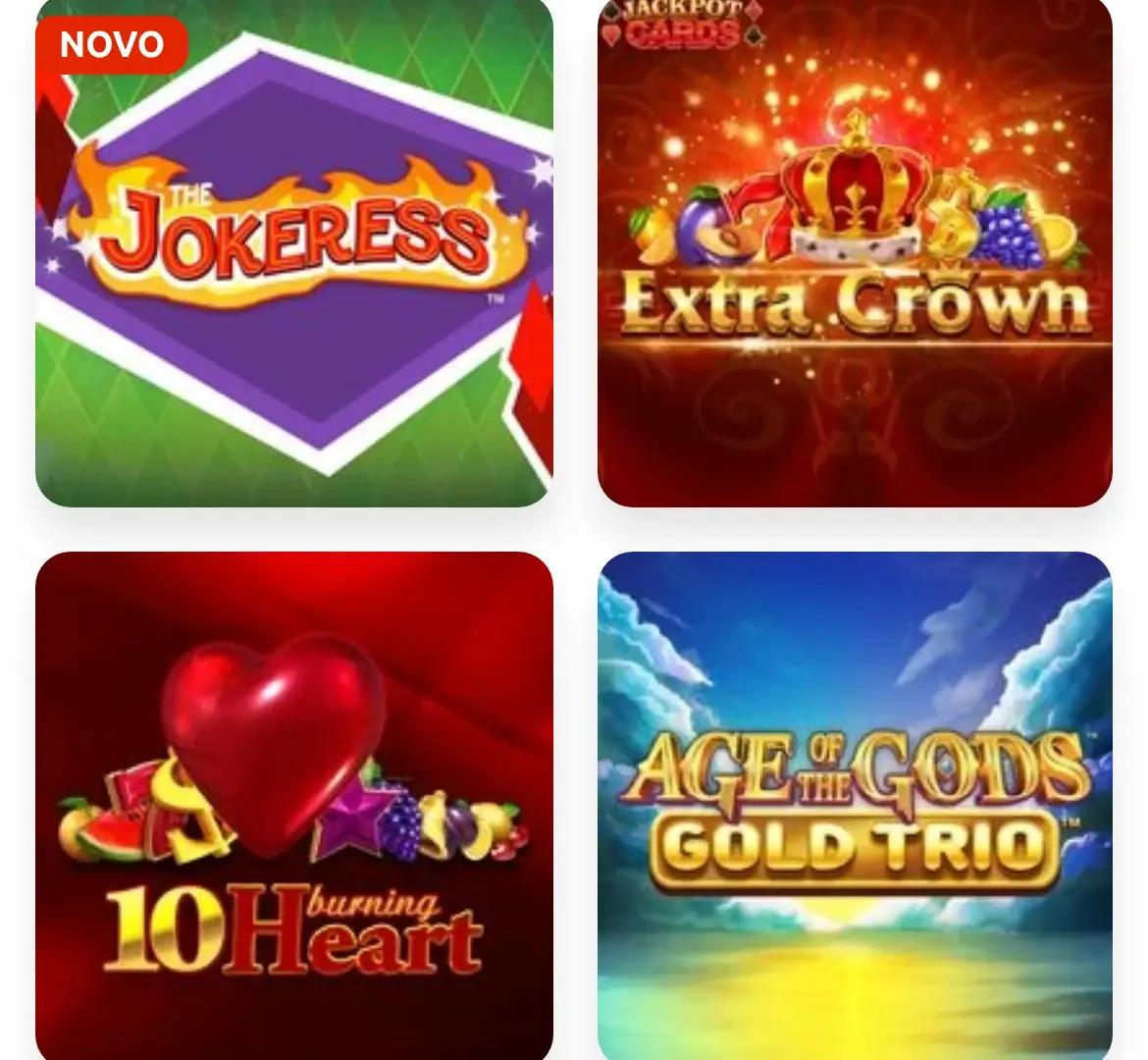 Jogos com jackpot no casino BacanaPlay no telemóvel: The Jokeress, Extra Crown com selo Jackpot Cards, 10 Burning Heart e Age of the Gods Gold Trio