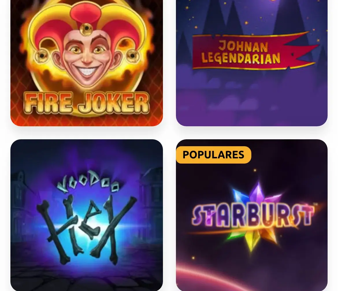 Slots populares no casino BacanaPlay no telemóvel: Fire Joker, Johnan Legendarian, Voodoo Hex e Starburst