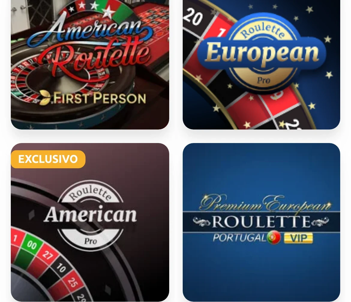 Mesas de roleta no casino BacanaPlay no telemóvel — American Roulette First Person, European Roulette Pro e Premium European Roulette Portugal VIP