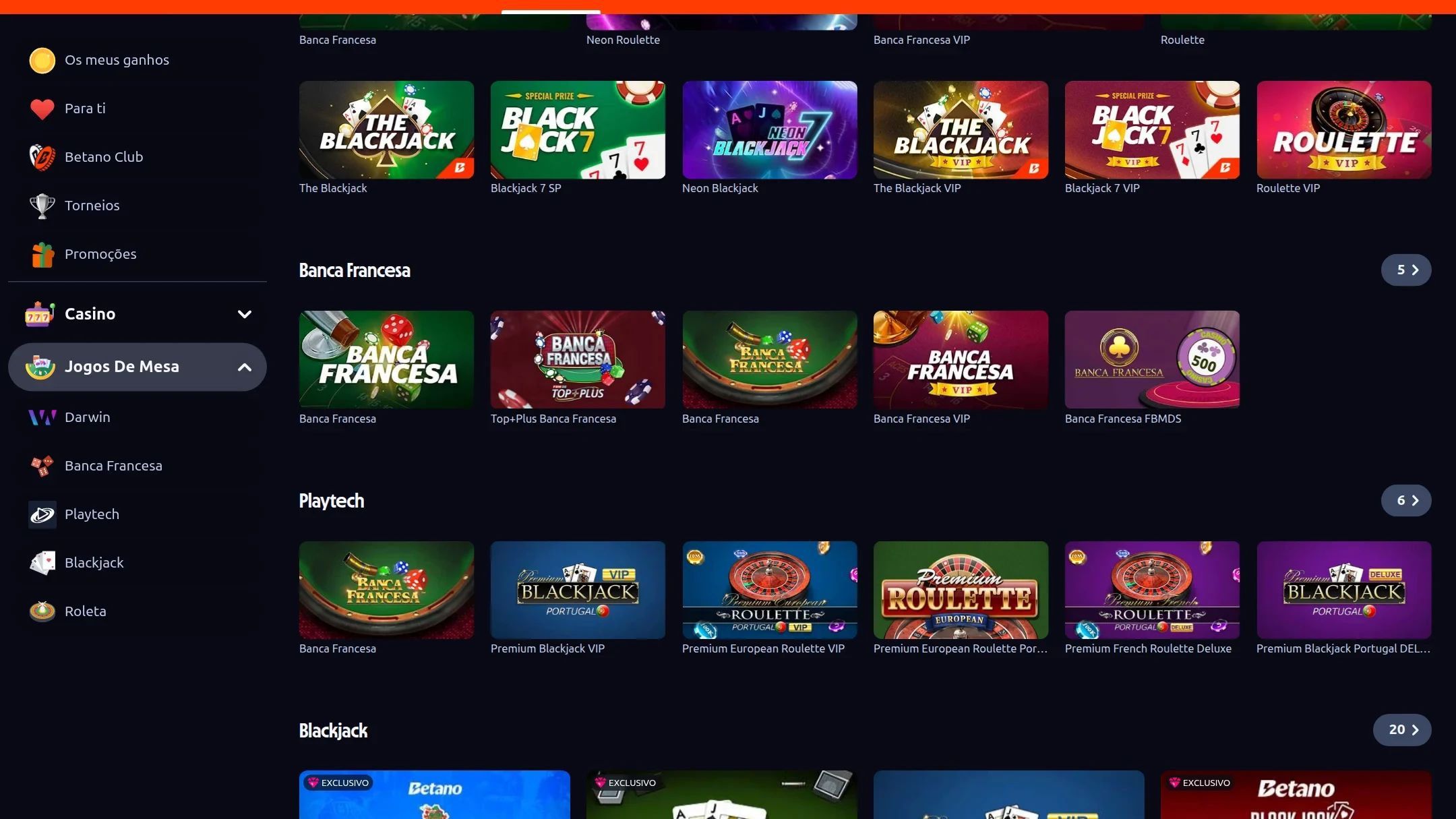 Fila de Banca Francesa no casino Betano — Banca Francesa, Top+Plus e versão VIP — e mesas Playtech de blackjack e roleta europeia