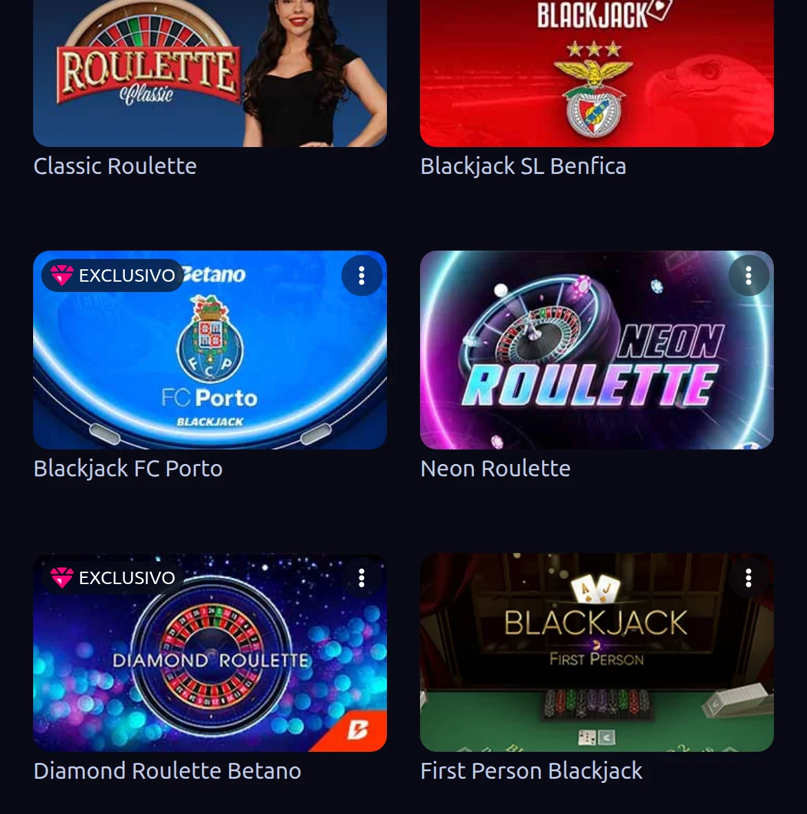 Mesas de roleta e blackjack no casino Betano vistas no telemóvel — Classic Roulette, Neon Roulette, Diamond Roulette e blackjack em primeira pessoa