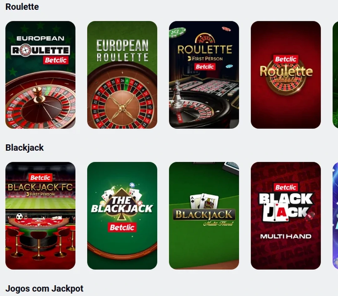 Secções Roulette e Blackjack no casino da Betclic