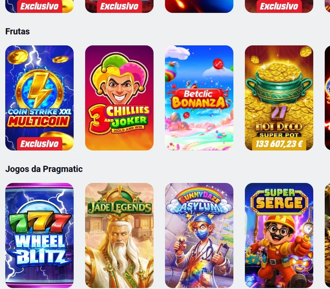 Secções Frutas e Jogos da Pragmatic no lobby de slots da Betclic