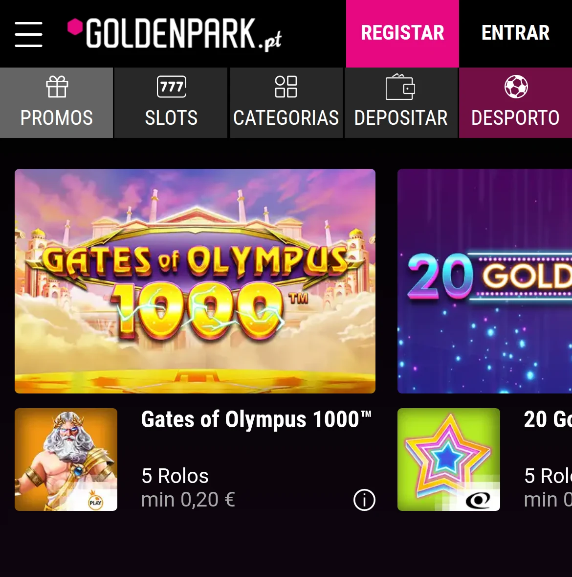 Casino GoldenPark.pt no telemóvel — cabeçalho da marca com os botões Registar e Entrar, barra de navegação com Promos, Slots, Categorias, Depositar e Desporto, e a ficha da slot Gates of Olympus 1000 com 5 rolos e aposta mínima de 0,20€