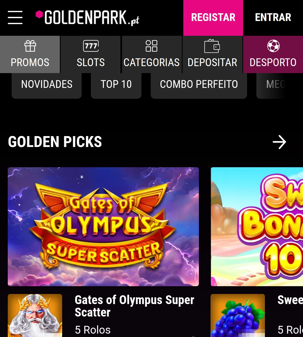Lobby de slots da GoldenPark no telemóvel, com nomes de jogos, fornecedores e aposta mínima visíveis
