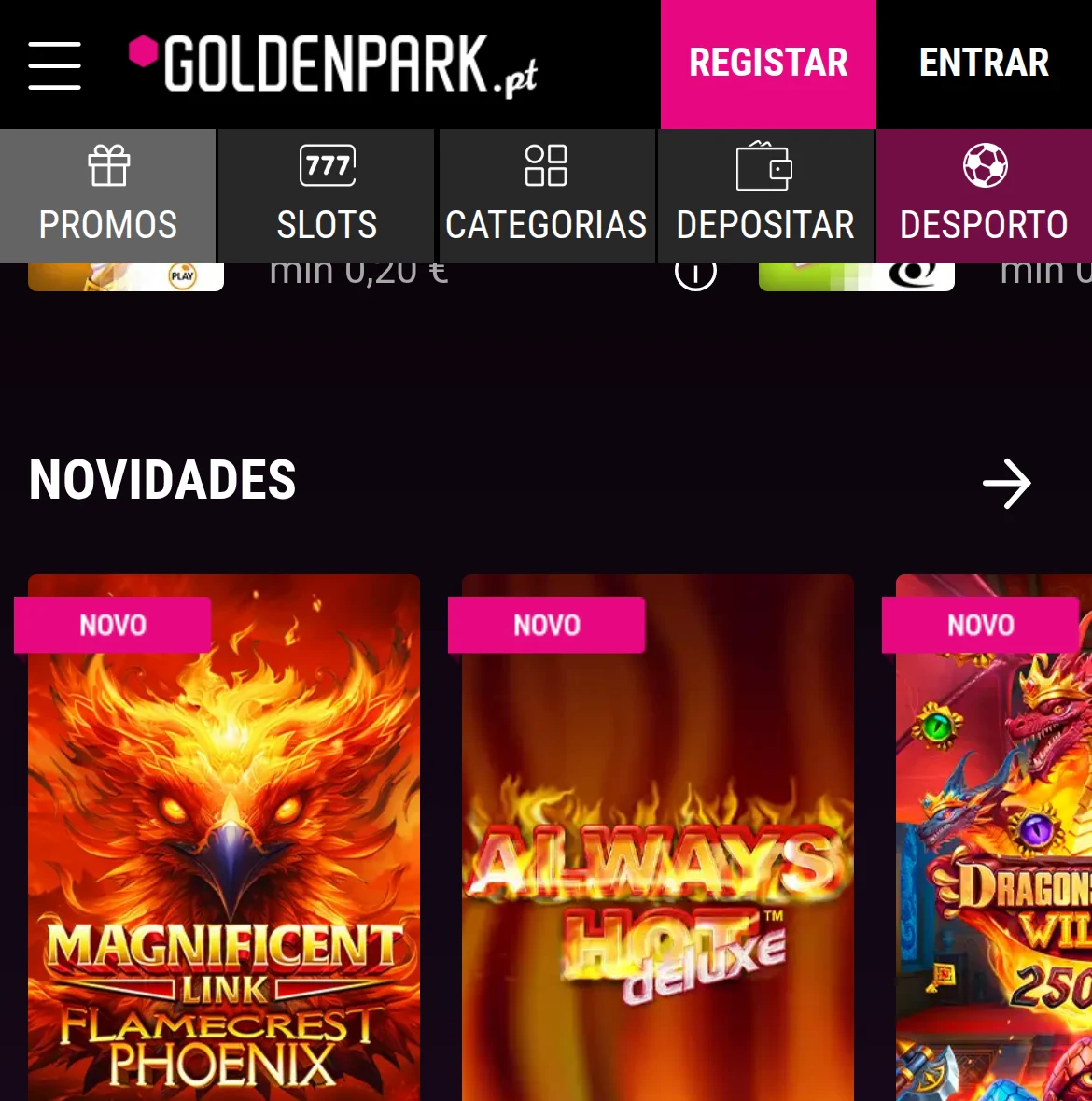 Secção de slots do GoldenPark.pt no telemóvel — barra Promos, Slots, Categorias e Depositar e a fila de novidades com Magnificent Link Flamecrest Phoenix e Always Hot Deluxe