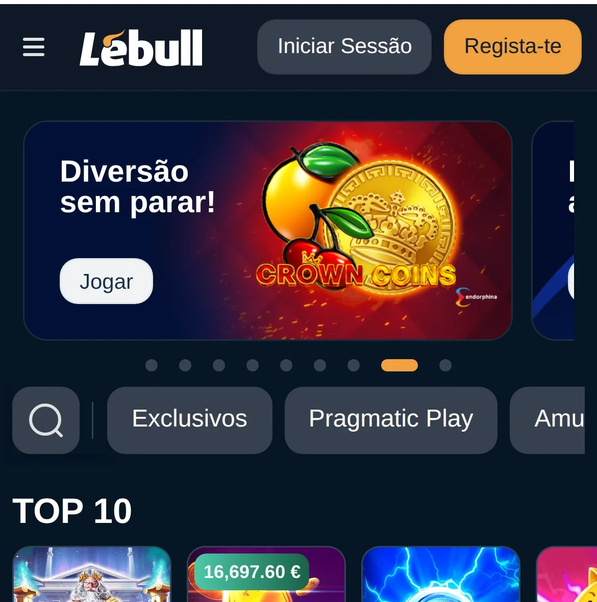 Página inicial e menu do casino LeBull no telemóvel — licenciado pelo SRIJ