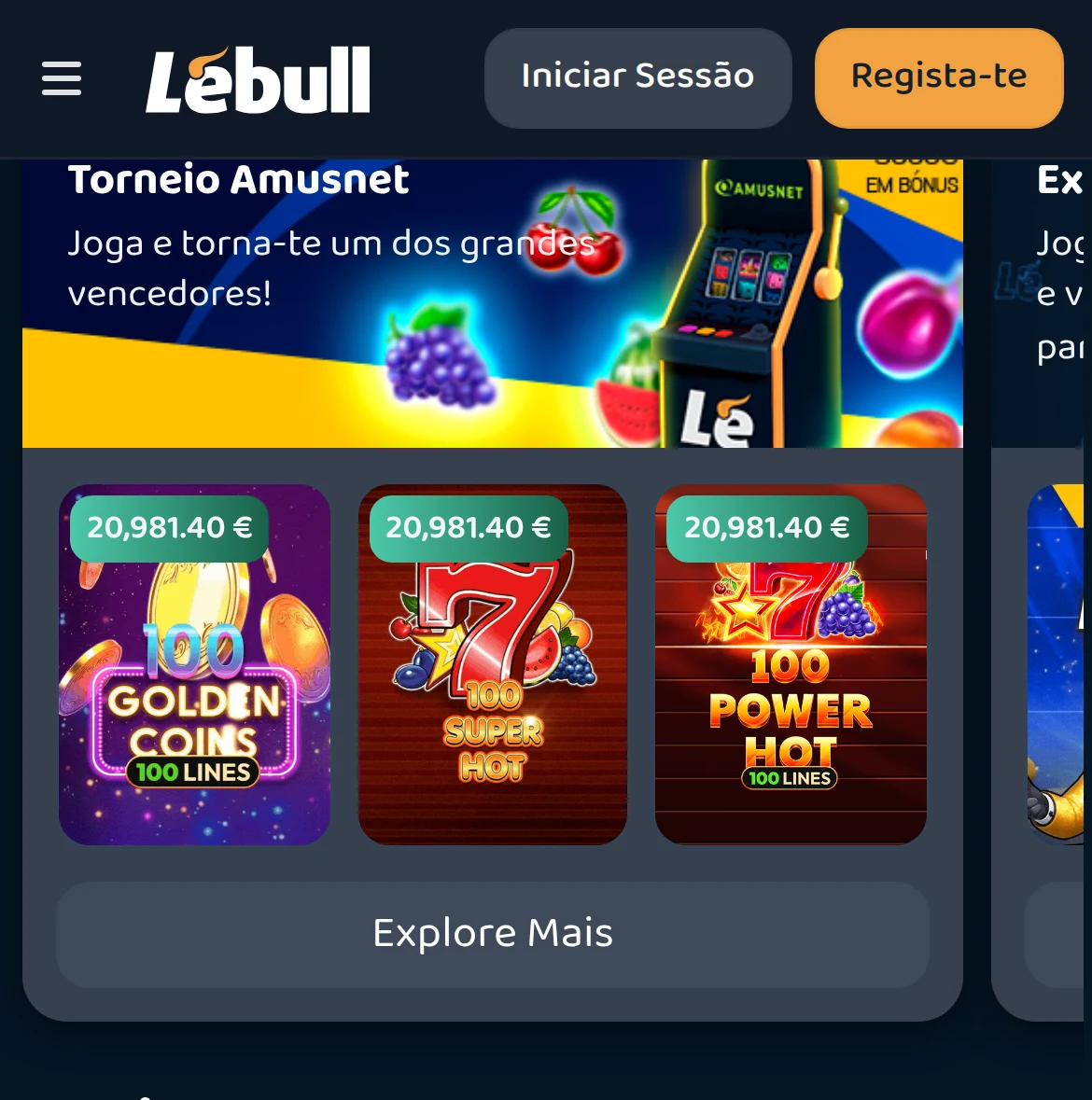Casino Lebull no telemóvel — cabeçalho da marca com Iniciar Sessão e Regista-te, cartão do Torneio Amusnet e a grelha de slots com jackpot em curso na Golden Coins, na Super Hot e na Power Hot