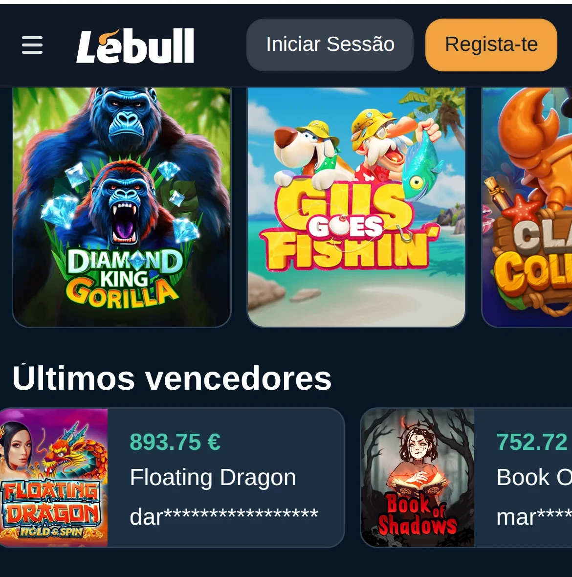 Grelha de slots no casino LeBull no telemóvel — licenciado pelo SRIJ