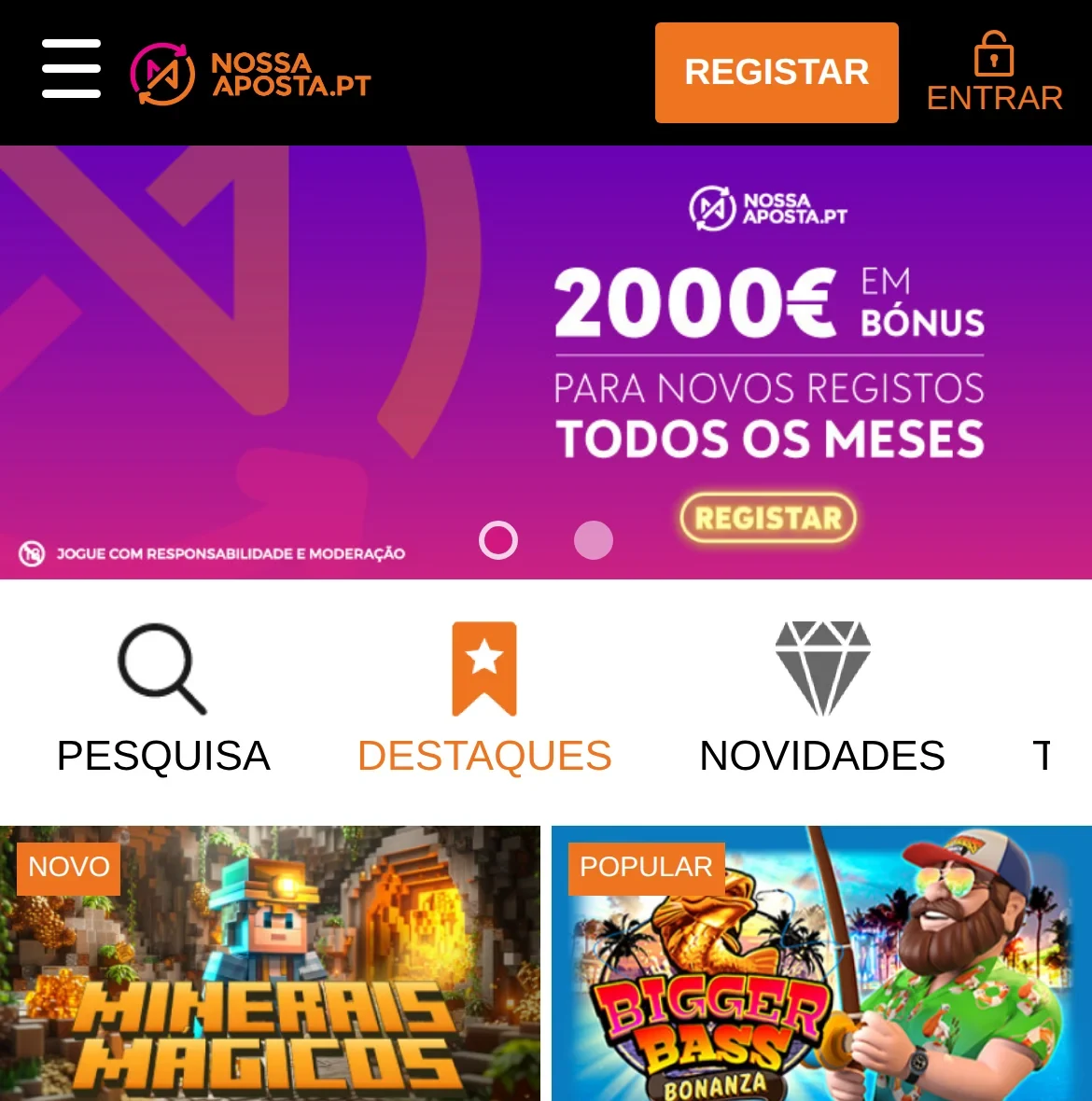 Casino Nossa Aposta no telemóvel — licenciado pelo SRIJ