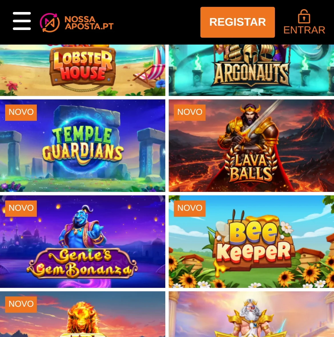 Grelha de jogos no casino Nossa Aposta, licenciado pelo SRIJ