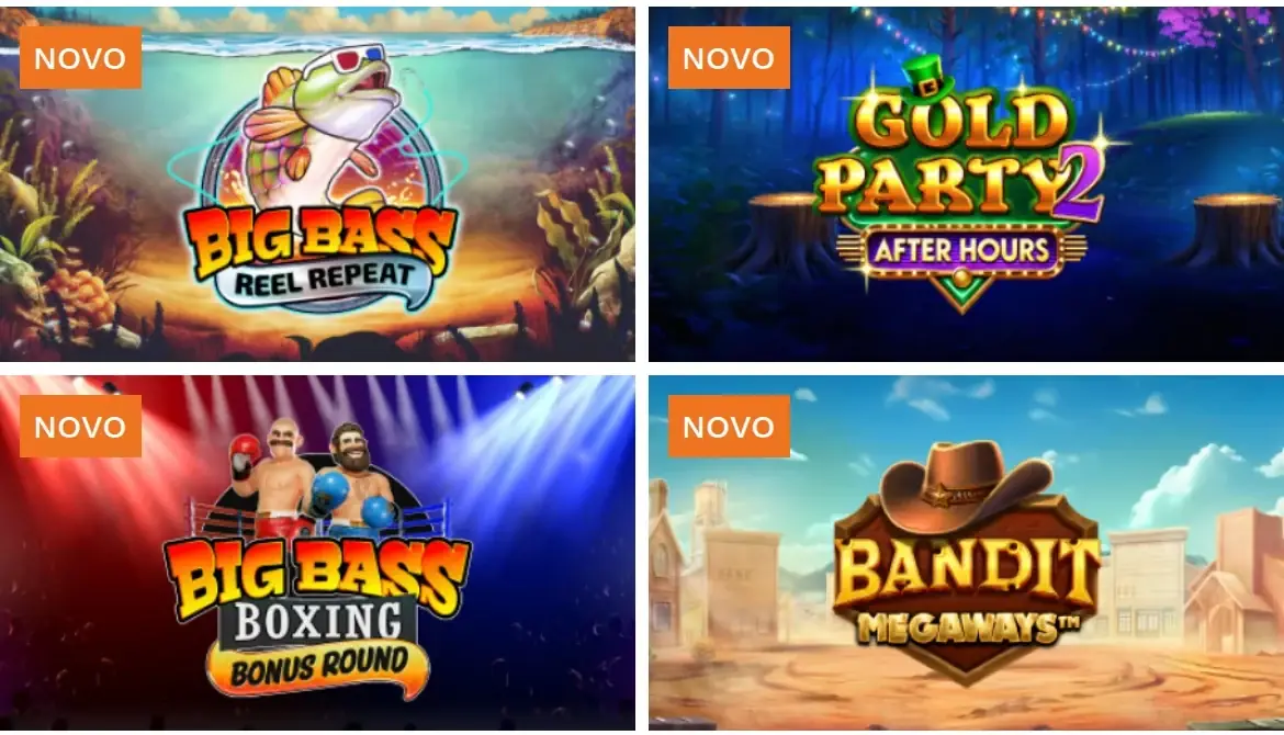 Jogos novos no casino Nossa Aposta no telemóvel: Big Bass Reel Repeat, Gold Party 2 After Hours, Big Bass Boxing Bonus Round e Bandit Megaways