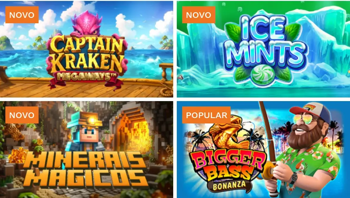 Jogos disponíveis no casino Nossa Aposta no telemóvel: Captain Kraken Megaways, Ice Mints, Minerais Magicos e Bigger Bass Bonanza