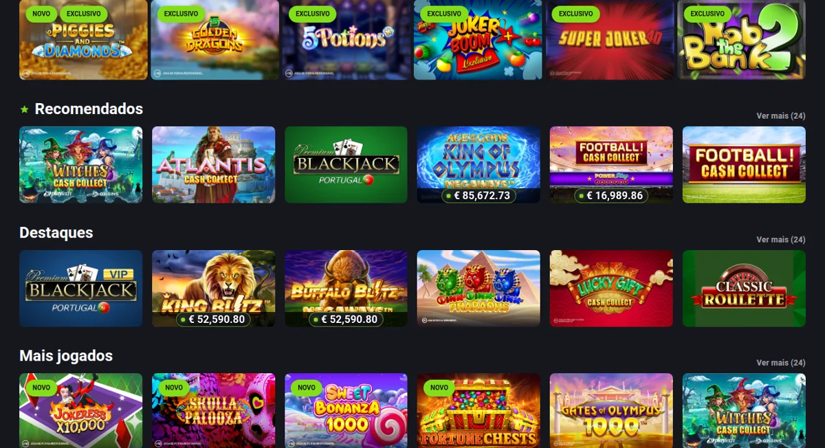 Jogos recomendados e mais jogados no PT Casino da Placard — licenciado pelo SRIJ