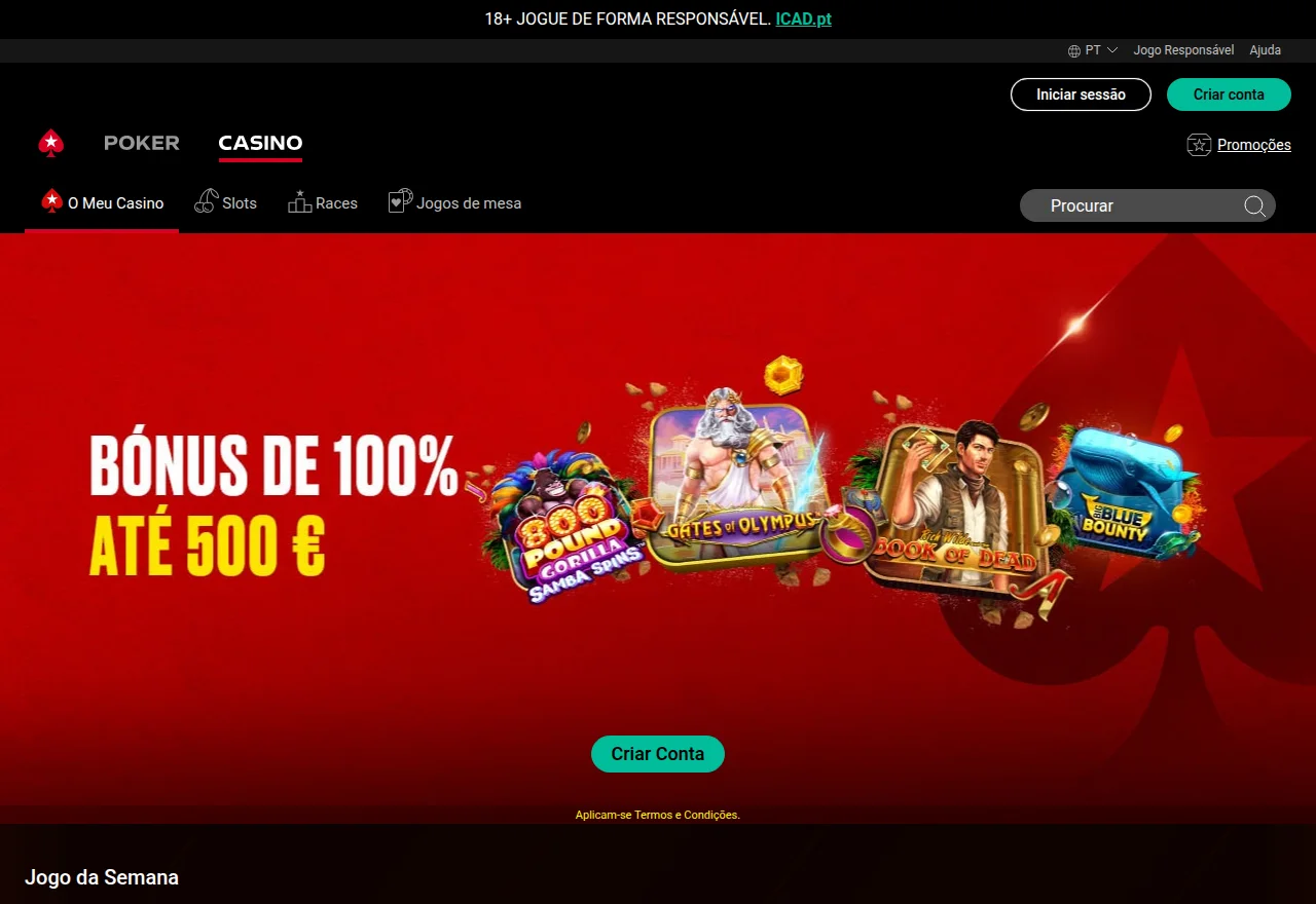 Página do casino PokerStars.pt com a oferta de boas-vindas anunciada: bónus de 100% até 500 €