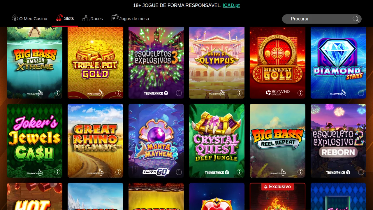 Grelha de slots do casino PokerStars — licenciado pelo SRIJ