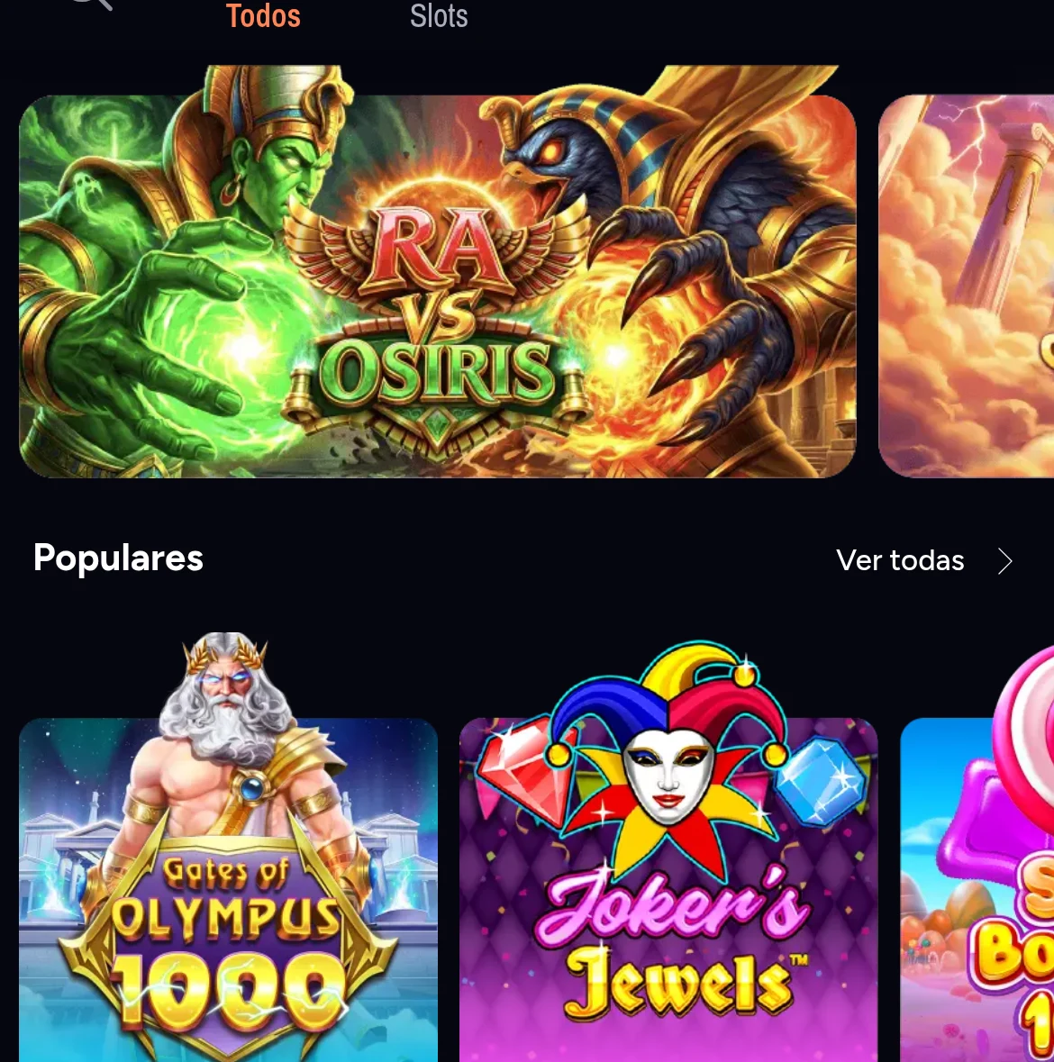 Lista de slots da Retabet na aplicação móvel, com miniaturas dos jogos e barra de pesquisa