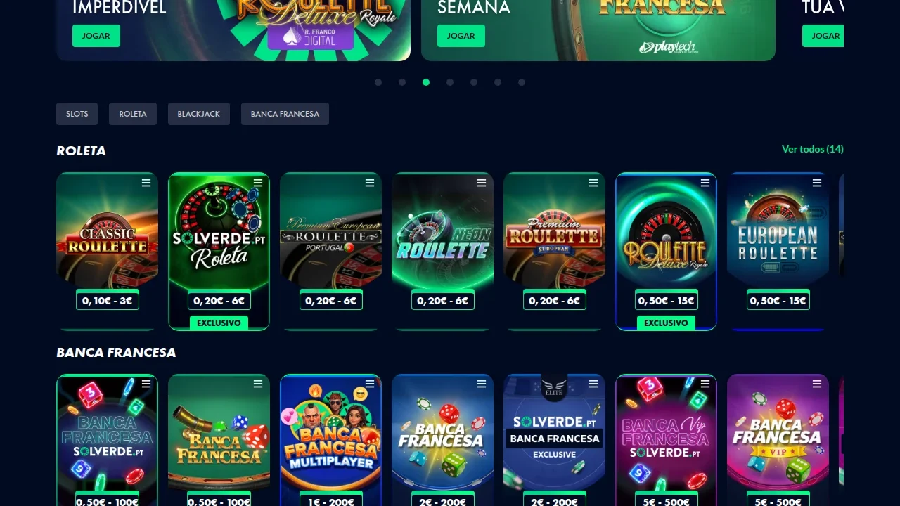 Secção Jogos de Mesa da Solverde.pt com as filas de Roleta e de Banca Francesa e os limites de aposta em euros