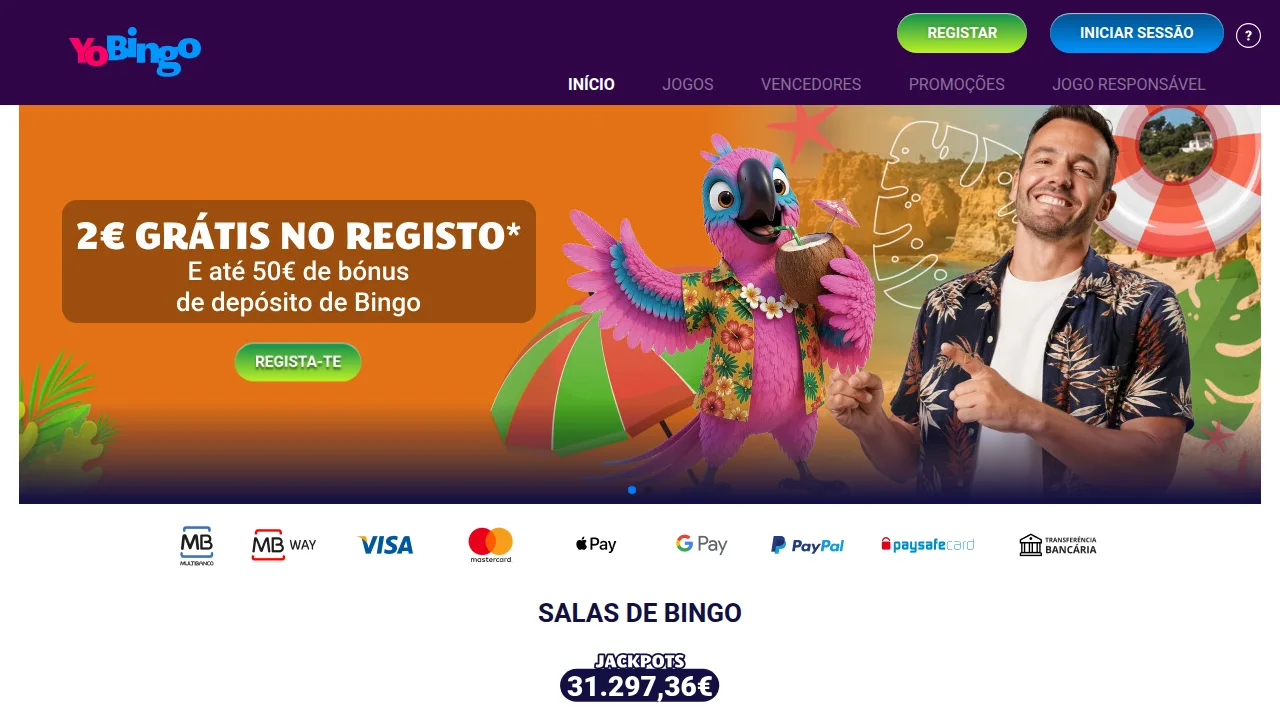Métodos de pagamento aceites no YoBingo — Multibanco, MB WAY, Visa, PayPal e transferência bancária, licenciado pelo SRIJ