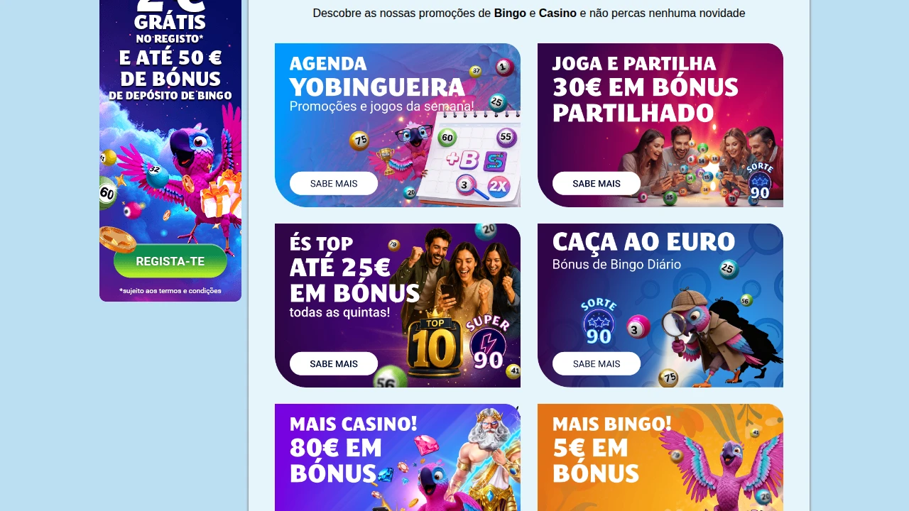Promoções recorrentes do YoBingo — Agenda Yobingueira, Caça ao Euro e bónus semanais, licenciado pelo SRIJ